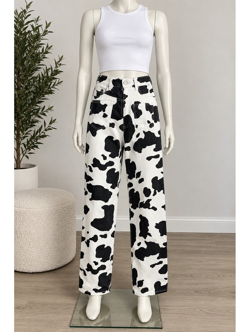 SHEIN black and white cow print denim jeans in size S / EU 36 / US 4.